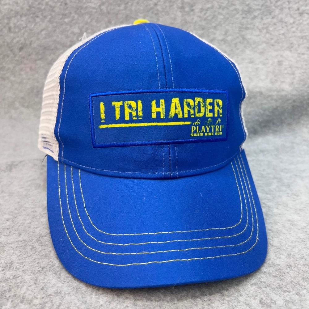 I Tri Harder Unisex Blue BOCO Gear Trucker Hat Playtri Swim Bike Run OSFM